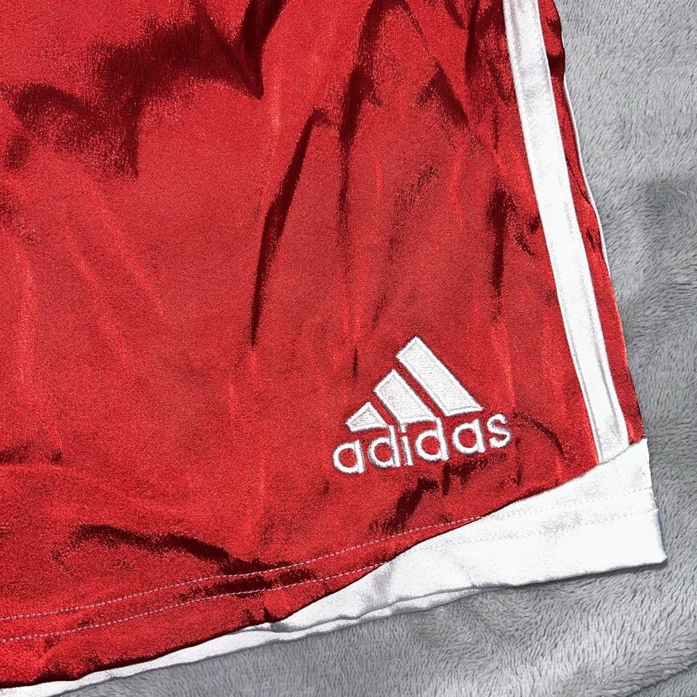 Adidas Shorts Mens L Red Dazzle Basketball 3 Stripe 8 Inch Gym Shiny - Picture 3 of 9